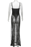 Black Sexy Solid Color Patchwork See-Through Backless Spaghetti Strap Sling Dresses