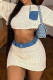 Cream White Casual Pocket Patchwork Contrast O Neck Long Sleeve Two Pieces