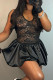 Black Sexy Solid Color Lace Patchwork Ruched V Neck A Line Dresses