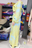 Yellow Sexy Print Hollow Out Patchwork Backless High Slit Strap Design Deep V Neck Long Dresses