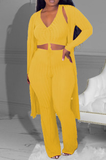 Yellow Casual Solid Color Draw String Patchwork V Neck Long Sleeve Three Pieces