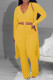 Yellow Casual Solid Color Draw String Patchwork V Neck Long Sleeve Three Pieces