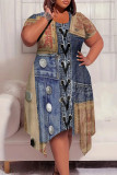 Baby Blue Casual Street Faux Denim Print Pocket Irregular Contrast O Neck Printed Plus Size Dresses
