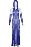 Blue Sexy Solid Color Patchwork See-Through Hooded Long Dresses