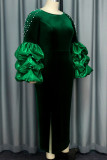 Green Elegant Solid Color Patchwork Slit Beading Zipper O Neck Evening Dresses