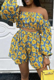 Yellow And Blue Sexy Print Patchwork Backless Ruched Off Shoulder Long Sleeve Two Pieces
