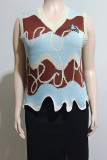 Multicolor Street Print Patchwork Contrast V Neck Tops