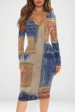 Multicolor Casual Street Faux Denim Print Contrast V Neck Printed Dresses