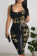 Dark Gray Sexy Letter Print Contrast U Neck Printed Dresses