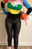 Yellow Casual Colorblock Flowers Pocket Patchwork O Neck Tops