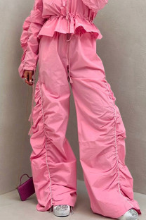 Rose Red Casual Solid Color Patchwork Ruched Loose High Waist Patchwork Bottoms