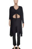 Black Casual Solid Color Draw String Patchwork V Neck Long Sleeve Three Pieces
