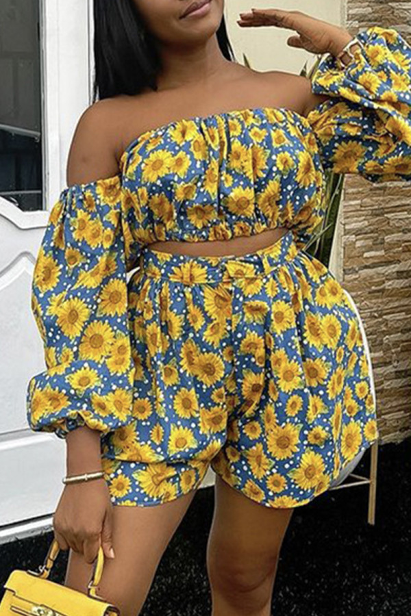 Yellow And Blue Sexy Print Patchwork Backless Ruched Off Shoulder Long Sleeve Two Pieces