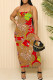 Red-brown Sexy Street Floral Print Letters Contrast Printed Dresses