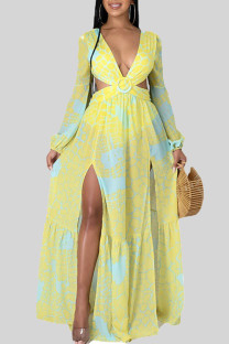Yellow Sexy Print Hollow Out Patchwork Backless High Slit Strap Design Deep V Neck Long Dresses