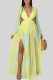 Yellow Sexy Print Hollow Out Patchwork Backless High Slit Strap Design Deep V Neck Long Dresses