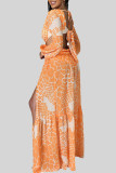 Yellow Sexy Print Hollow Out Patchwork Backless High Slit Strap Design Deep V Neck Long Dresses