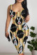 Light Yellow Sexy Letter Print Contrast U Neck Printed Dresses