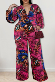 Purple Casual Print Patchwork V Neck Plus Size Jumpsuits