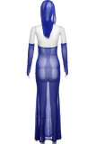 Blue Sexy Solid Color Patchwork See-Through Hooded Long Dresses