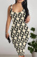 Light Yellow Sexy Letter Print Contrast U Neck Printed Dresses