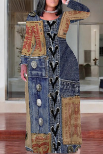 Dark Blue Casual Street Faux Denim Print Pocket Contrast O Neck Printed Plus Size Dresses