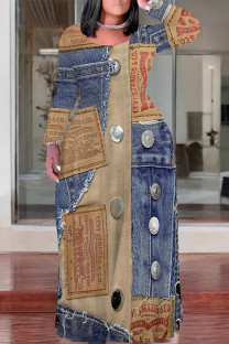 Multicolor Casual Street Faux Denim Print Pocket Contrast O Neck Printed Plus Size Dresses