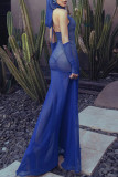 Blue Sexy Solid Color Patchwork See-Through Hooded Long Dresses