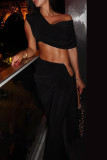 Black Sexy Solid Color Hollow Out Patchwork Ruched V Neck Two Pieces