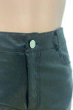 Black Street Solid Color Pocket Buttons Patchwork Ruched Zipper Fitted Mid Waist Patchwork Bottoms
