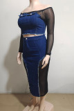 Blue Sexy Buttons Patchwork See-Through Zipper Off Shoulder Long Sleeve Two Pieces