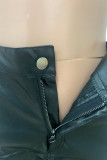 Black Street Solid Color Pocket Buttons Patchwork Ruched Zipper Fitted Mid Waist Patchwork Bottoms