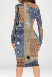 Multicolor Casual Street Faux Denim Print Contrast V Neck Printed Dresses