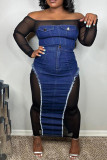 Blue Sexy Buttons Patchwork See-Through Zipper Off Shoulder Long Sleeve Two Pieces