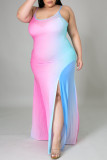 Gradient Color Sexy Gradient Color Patchwork Backless High Slit Spaghetti Strap Sling Plus Size Dresses