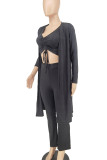 Black Casual Solid Color Draw String Patchwork V Neck Long Sleeve Three Pieces