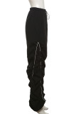 Black Casual Solid Color Patchwork Ruched Loose High Waist Patchwork Bottoms