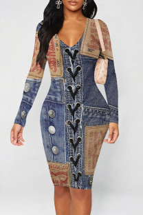 Dark Blue Casual Street Faux Denim Print Contrast V Neck Printed Dresses