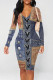 Dark Blue Casual Street Faux Denim Print Contrast V Neck Printed Dresses