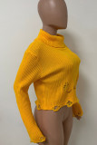 Black Casual Solid Color Ripped Patchwork Turtleneck Tops