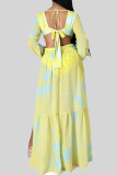 Yellow Sexy Print Hollow Out Patchwork Backless High Slit Strap Design Deep V Neck Long Dresses