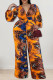 Yellow Casual Print Patchwork V Neck Plus Size Jumpsuits