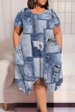 Baby Blue Casual Street Faux Denim Print Pocket Irregular Contrast O Neck Printed Plus Size Dresses