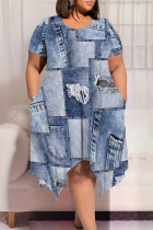 Baby Blue Casual Street Faux Denim Print Pocket Irregular Contrast O Neck Printed Plus Size Dresses