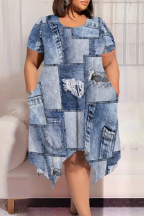 Baby Blue Casual Street Faux Denim Print Pocket Irregular Contrast O Neck Printed Plus Size Dresses