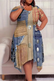 Baby Blue Casual Street Faux Denim Print Pocket Irregular Contrast O Neck Printed Plus Size Dresses