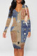 Multicolor Casual Street Faux Denim Print Contrast V Neck Printed Dresses