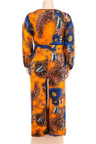 Coffee Casual Print Patchwork V Neck Plus Size Jumpsuits