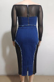 Blue Sexy Buttons Patchwork See-Through Zipper Off Shoulder Long Sleeve Two Pieces