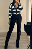 Black Casual Colorblock Buckle Patchwork V Neck Tops